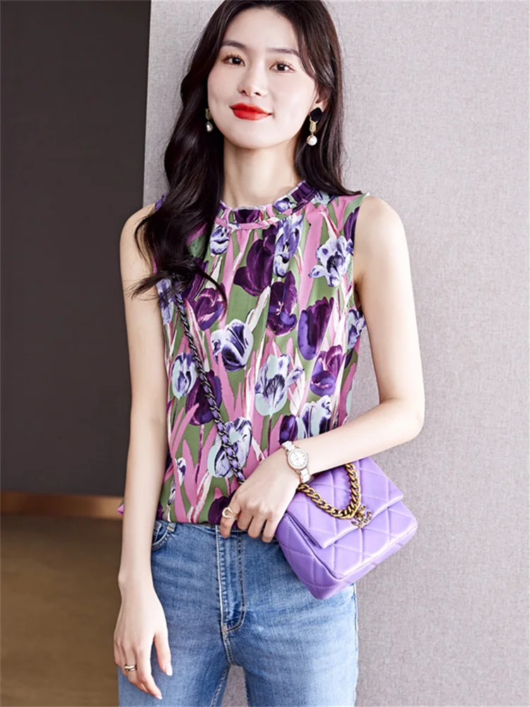 Fashion Women Blouse Elegant Chiffon Blouse Summer 2022 Sleeveless Floral Print Tank Top Casual Shirts