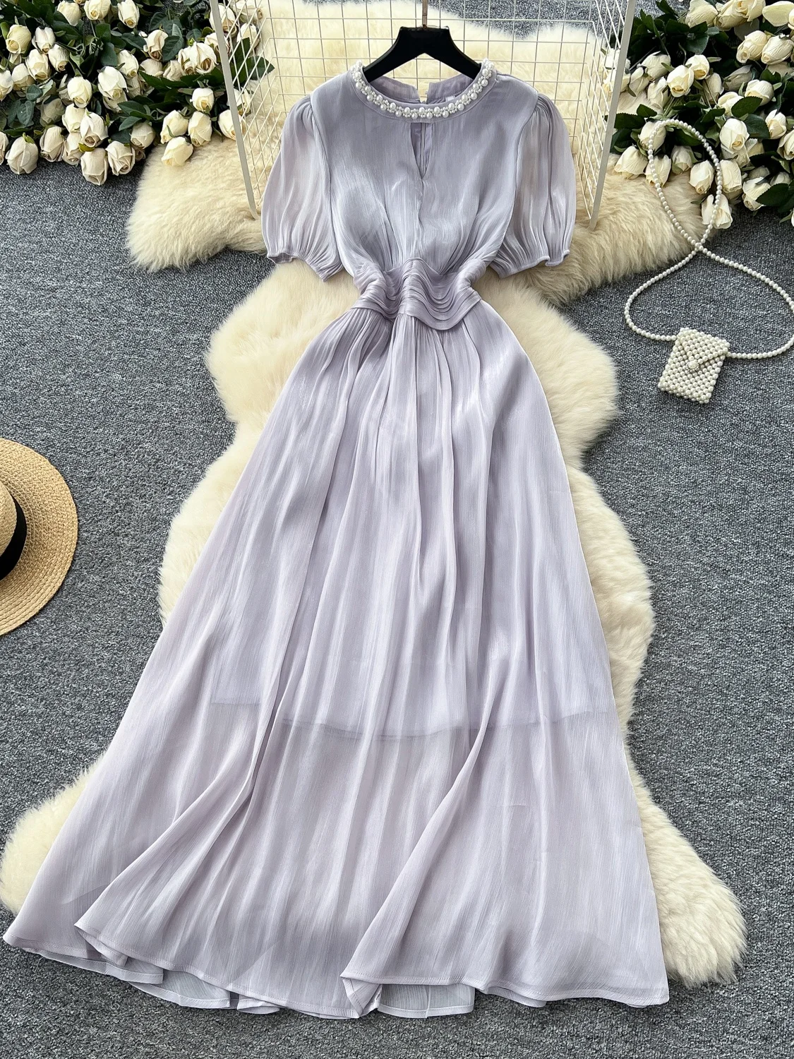 Ele Satin Feel Bubble Sve Dr femmes été minceur taille haute a-ligne Midi Dr coréen Sle ort Sve