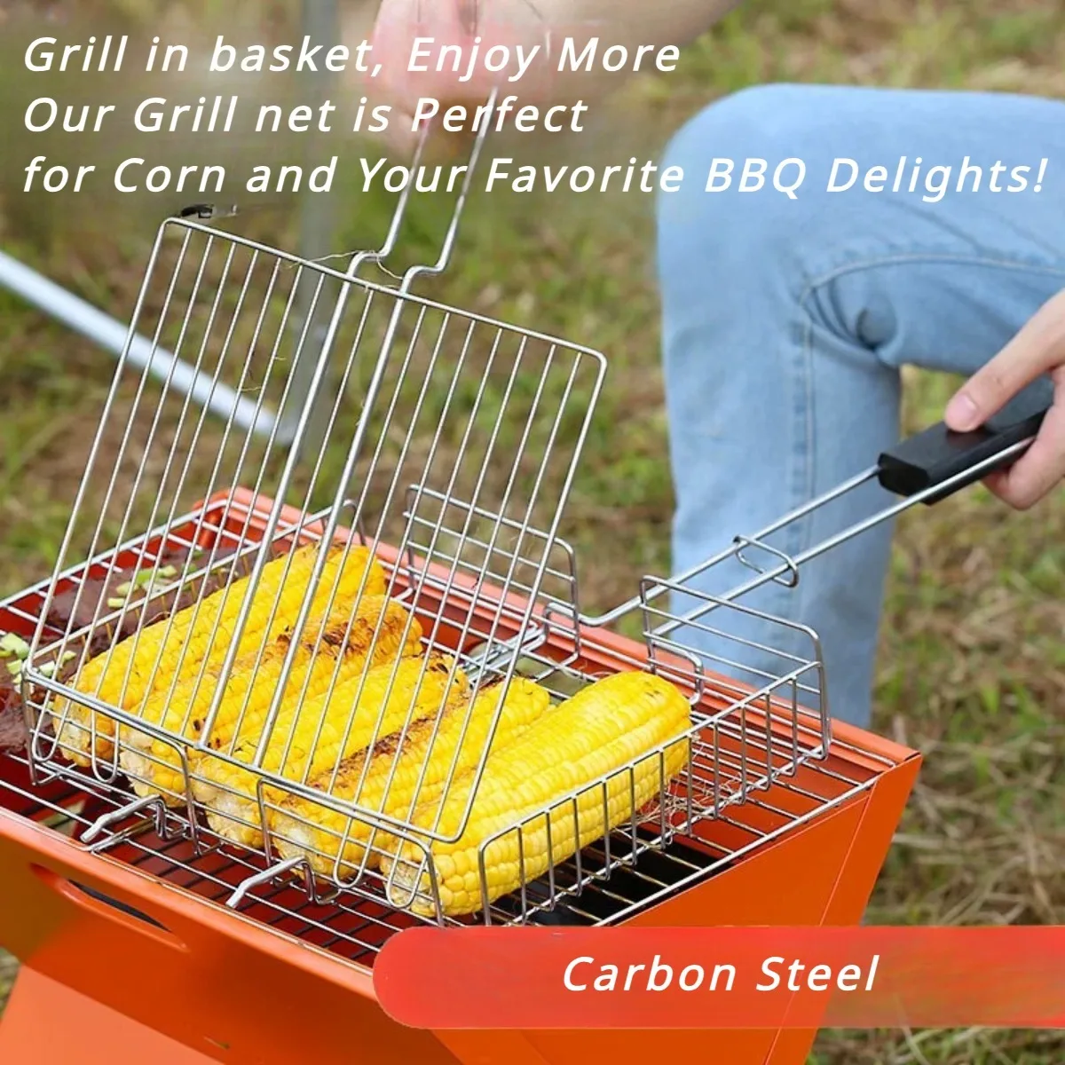 Carbon Steel Barbecue Grill Basket Folding Handle BBQ Tool Outdoor Cooking Picnic Tool Grilled Roast Chicken Fish Corn BBQ Net