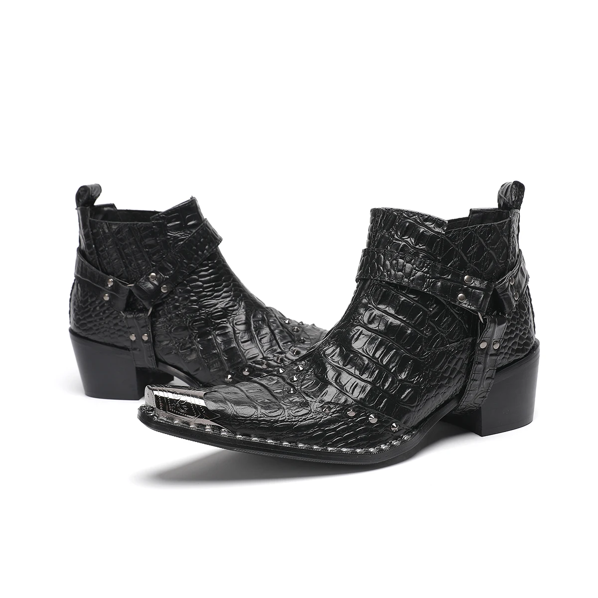 Botas Designer Black Pointed Toe Men Real Leather Ankle Boots Big Size Male Party Shoes Rivets Zip Cowboy Motorcycle Short Boots