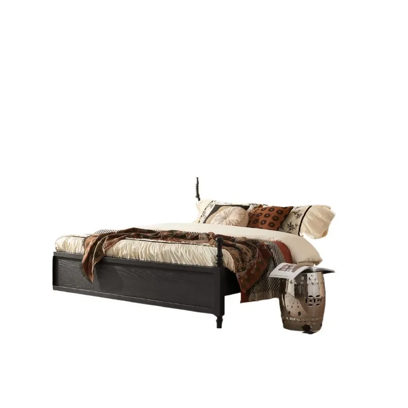 

Medieval fabric bed Red oak open lacquered solid wood bed, retro flannel double bed 1.8 meters pure solid wood