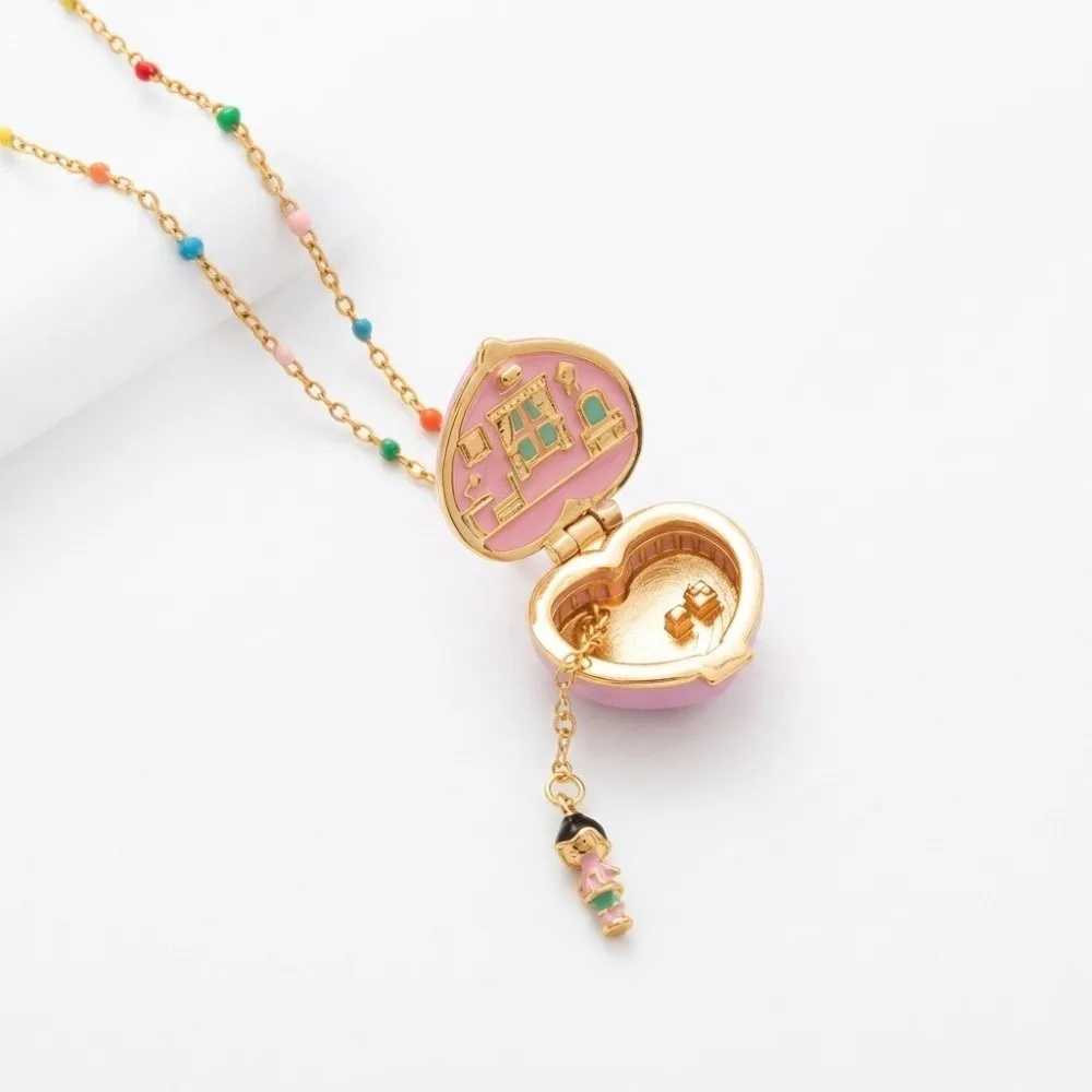 Alloy Opening Closing Phase Box Necklace Pink Gold Color Cute Pendant Choker Interesting Whimsical Pentagram Heart Ring Women