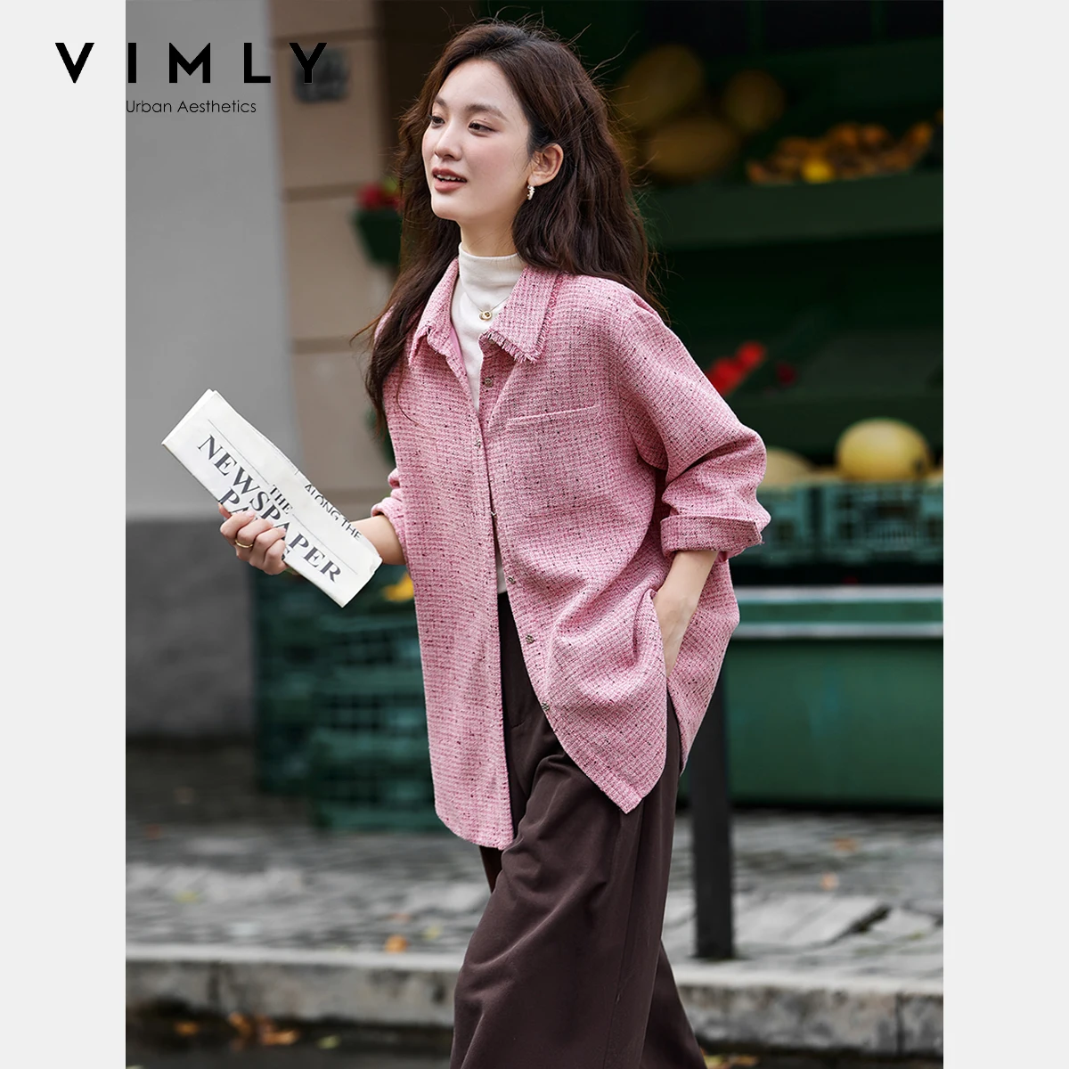 VIMLY  Vintage Woven Tweed Jacket Coat Women Autumn 2025 Small Fragrance Full Sleeve Ladies Coats Patchwork Outerwear A2357