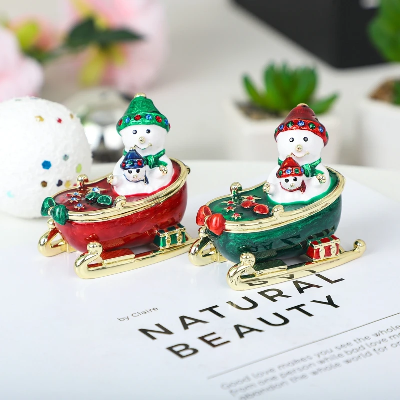 SHINNYGIFTS  Christmas gift Snowman sledge car decoration box enamel jewelry box decoration