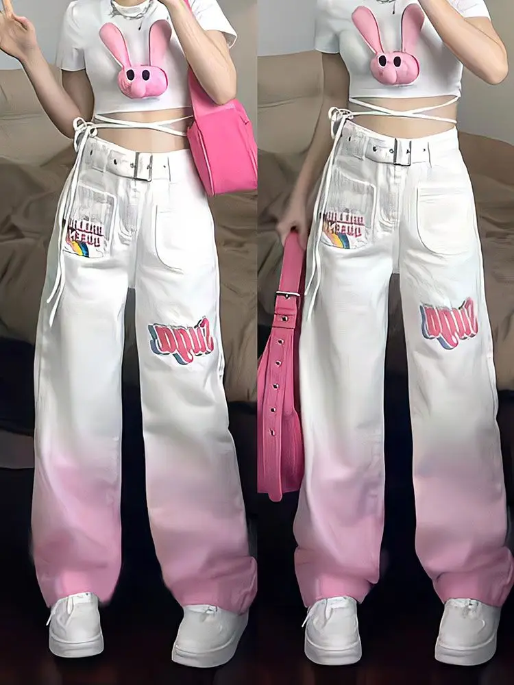 Y2K Pants Gradient Pink Jeans Streetwear Women Harajuku High Waist Straight Trousers Korean Fashion Kpop Kawaii Wide Leg Pants