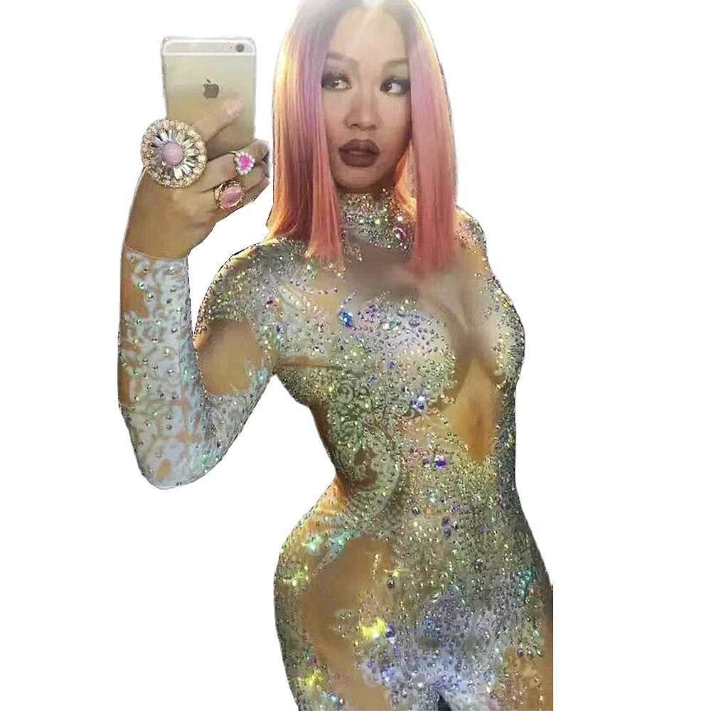 Mono ajustado elástico con diamantes de imitación para mujer, club nocturno, noche, graduación, cumpleaños, celebración, disfraces de barra, DJ Singer, ropa de escenario 2025