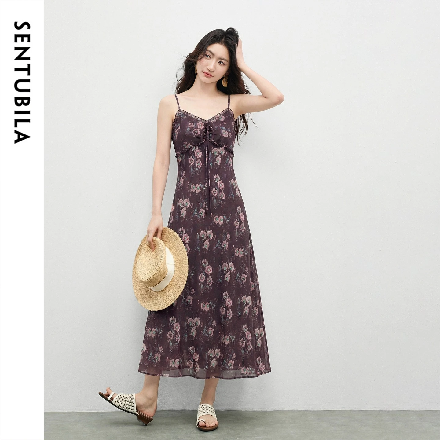 SENTUBILA Women's French Floral Chiffon Dresses 2026 Summer Elegant Tie V-Neck Adjustable Strap Slim Cami Long Dress 161LF6098