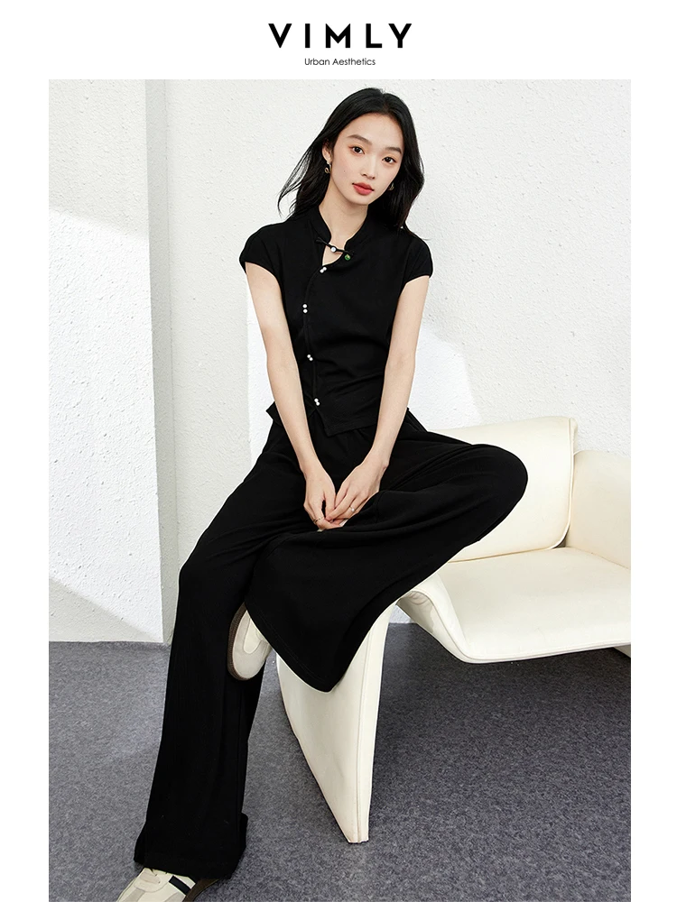 VIMLY Women\'s New Chinese Plate Button Set Summer Stand Collar Sleeveless Blouse Top+Elastic Waist Wide Leg Pants Two Piece Set