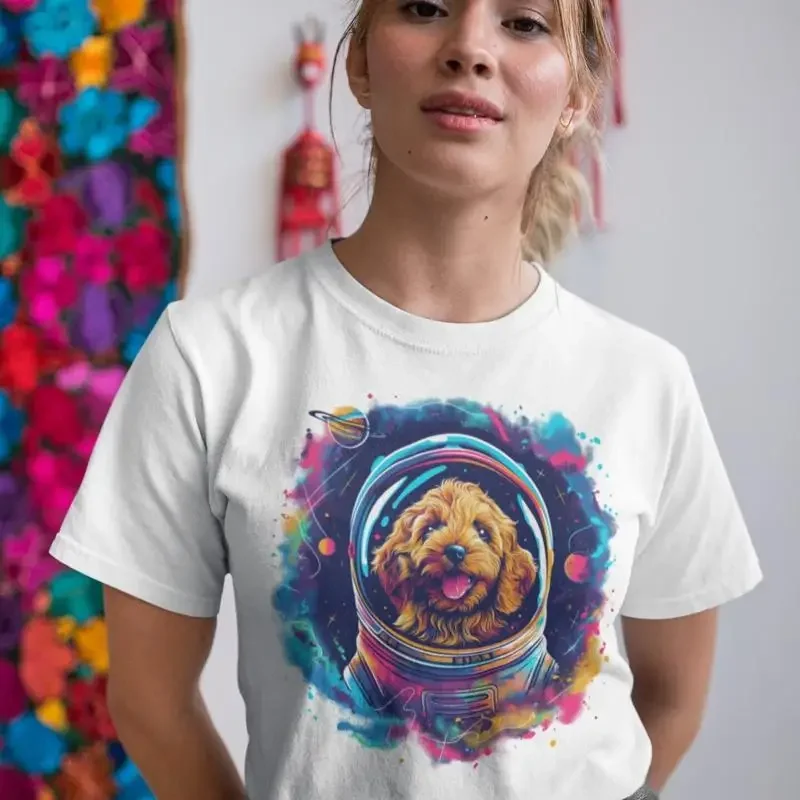 Astronaut Golden Doodle T Shirt Vibrant Space Dog Cosmic Puppy Colorful Galaxy Pet Apparel Unique Animal Lover
