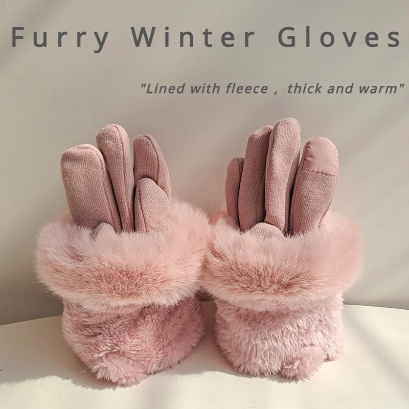 Women Winter Furry Touch Screen Driving Glove Female Double Thick Plush Wrist Warm Cashmere Cute Outdoor Sport Cycling