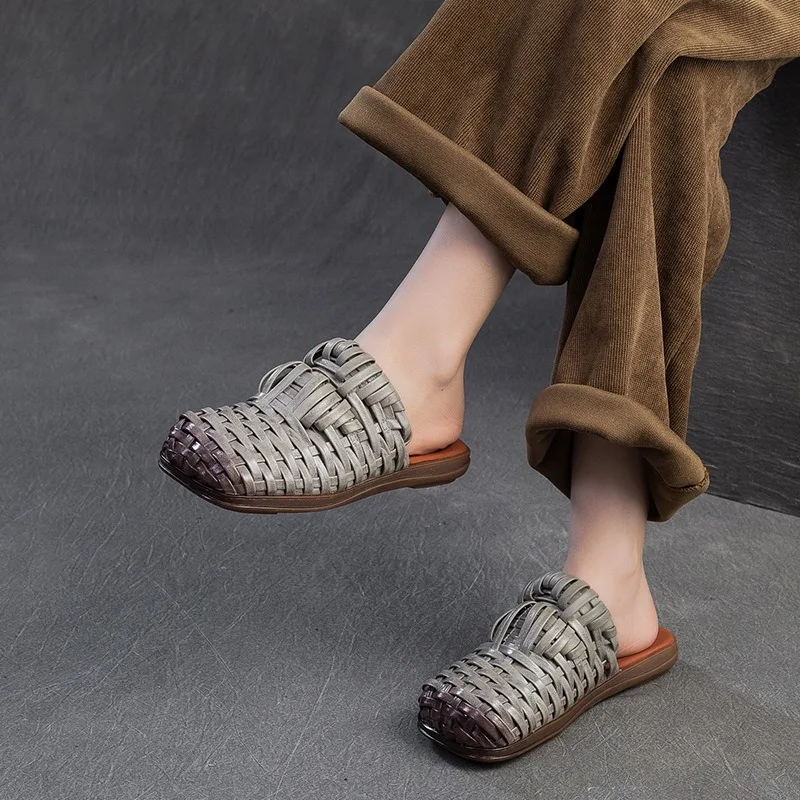 Birkuir Retro Weave Closed Toe Slippers For Women Flat Heel Slides Luxury Slip On Outdoor Beach Slippers Genuine Leather Slides