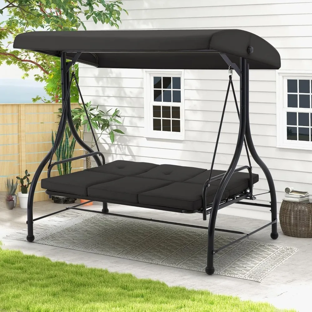 

Porch Swing Chair with Adjustable Backrest&Canopy, 3 Seat Patio Swing with Canopy 2-in-1 Convertible Outdoor Swing with Canopy