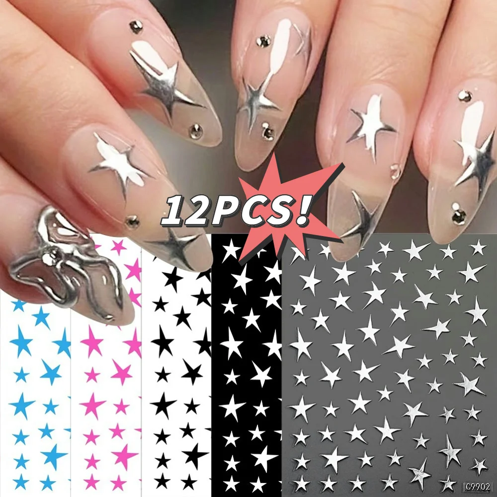 12Pcs/Set 3D Black/White/Silver Star Nail Art Sticker Irregular Starlight Stylish Y2K Adhesive Slider Decals Manicure Decoration