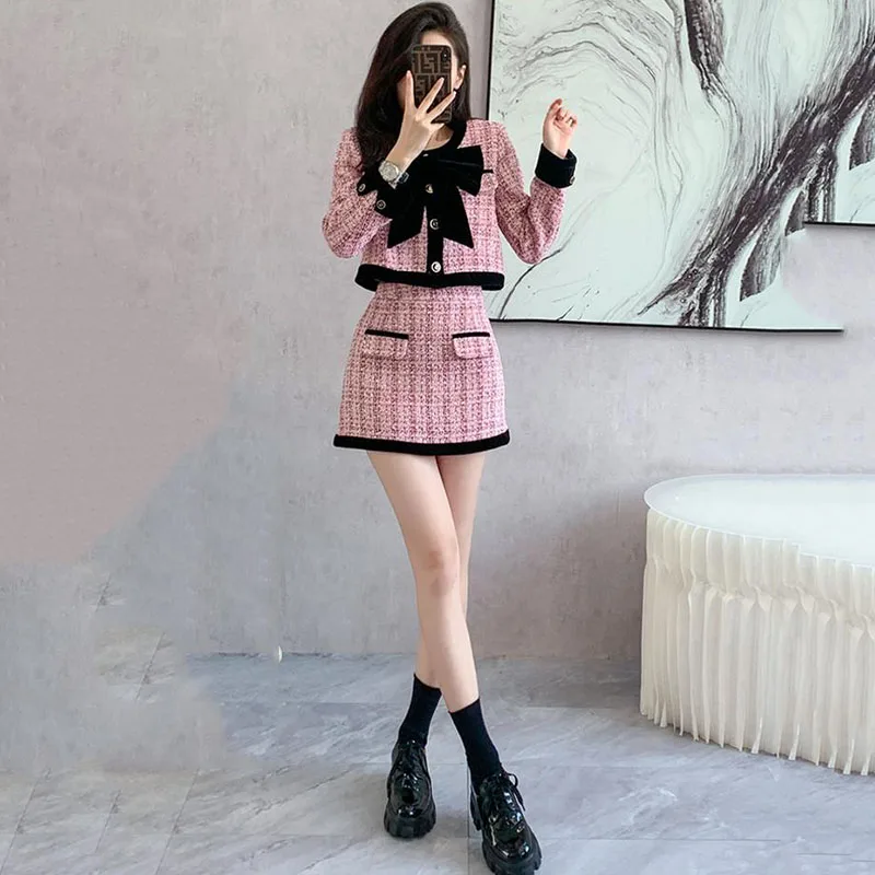 2024 Spring Summer Two Piece Dress Set Pink Bow Mini Skirt Office Lay Suit High-Quality Dressing With Short Jacket Coat