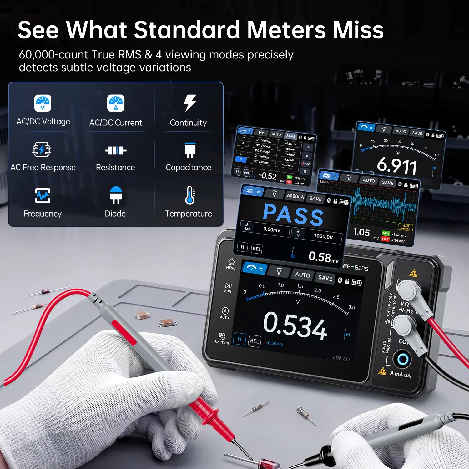 FNIRSI TMP-600/TMP-610S Oscilloscope Multimeter Function Signal Generator 3 IN 1 for Automotive Diagnostic Tool Repair Tools