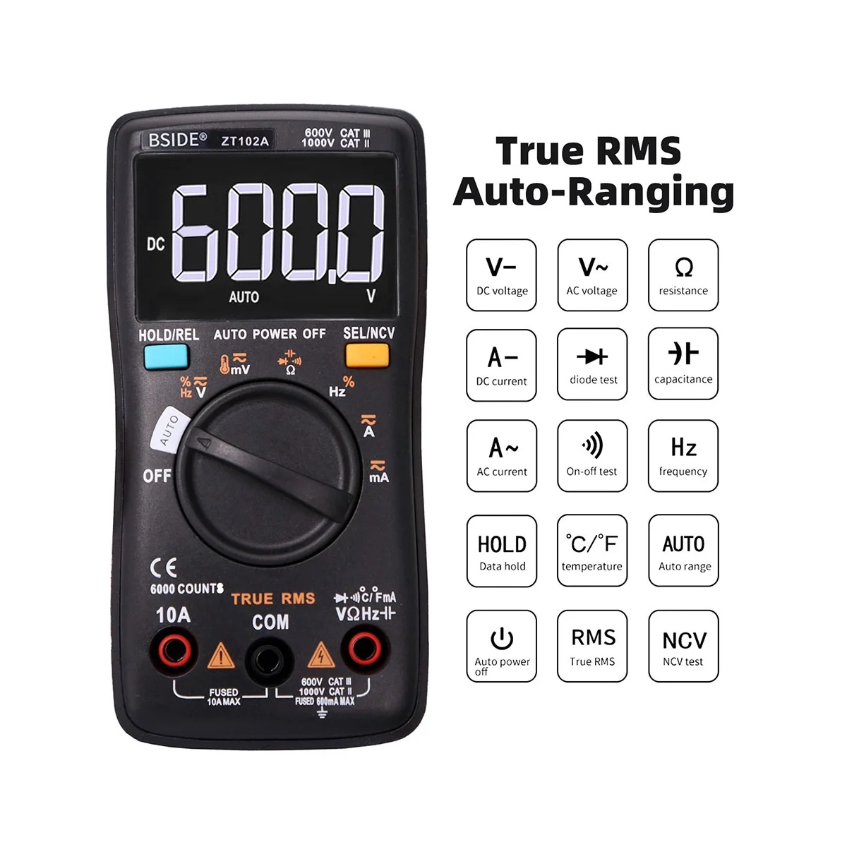 BSIDE ZT-102A LCD 6000 카운트, 자동 및 수동 듀얼 모드 멀티미터, 전압 테스터, 다기능 멀티미터