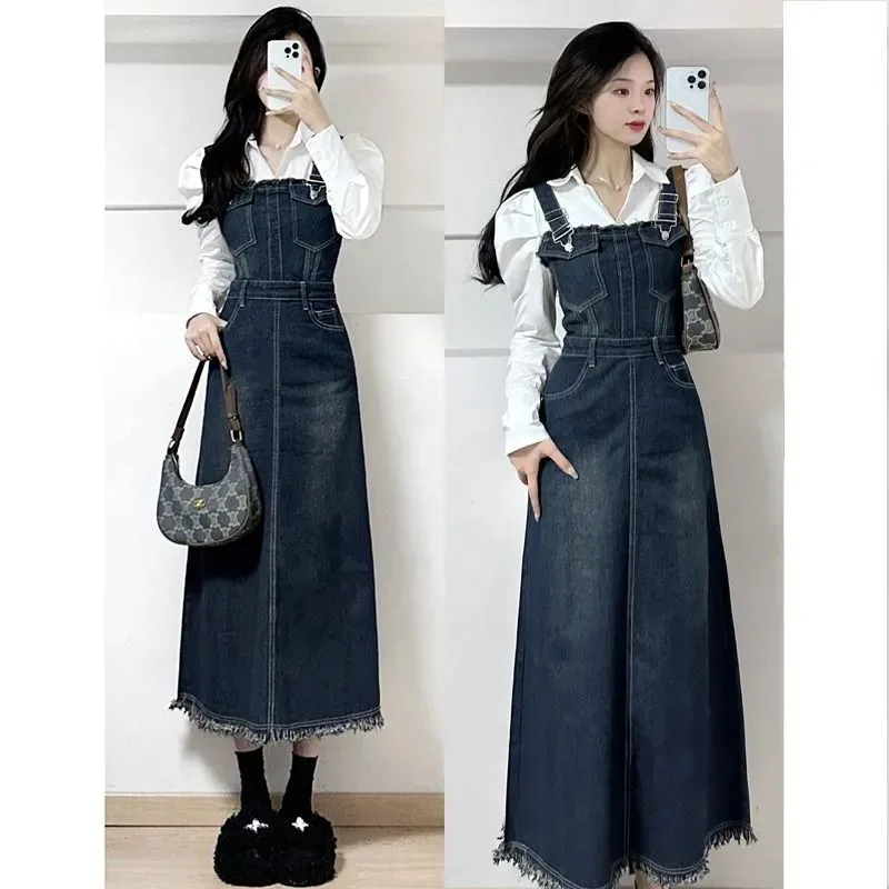 Vintage Strap Denim Dress Women Spring Summer New Design Tassel A- Line Jeans Skirt Women Y2K Streetwear Long Sundress Dress2617