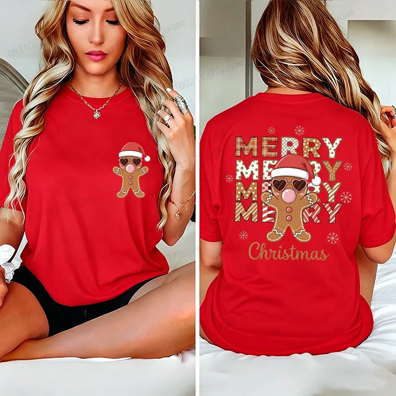 Weihnachts-T-Shirt für Damen, T-Shirt mit Lebkuchen-Motiv, T-Shirts mit beidseitigem Aufdruck, T-Shirts mit Weihnachtsmotiv, Weihnachts-Party-Outfit. – Detail 4