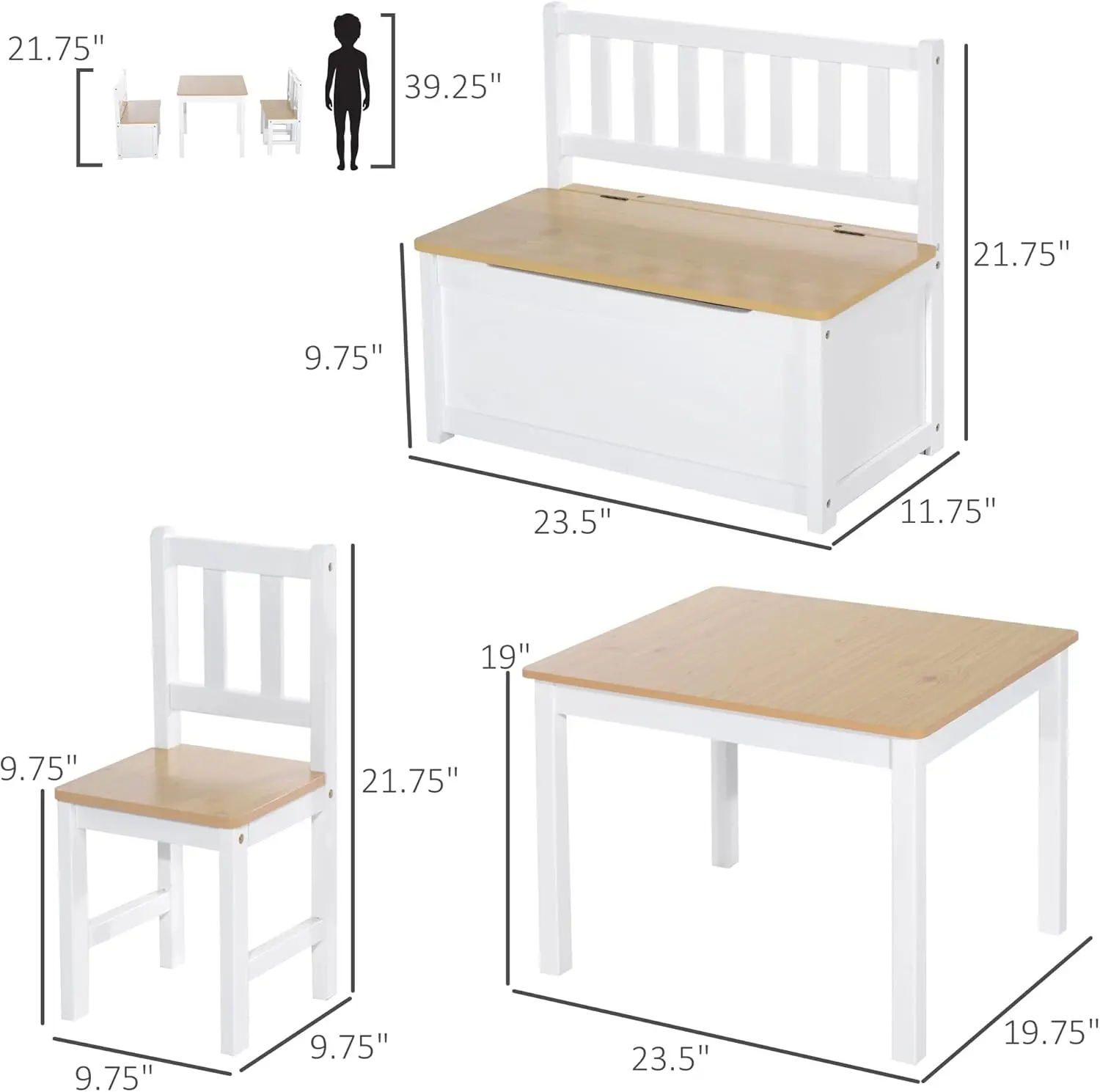 Set tavolo per bambini da 4 pezzi con 2 sedie in legno, 1 panca portaoggetti e design moderno interessante, naturale/bianco