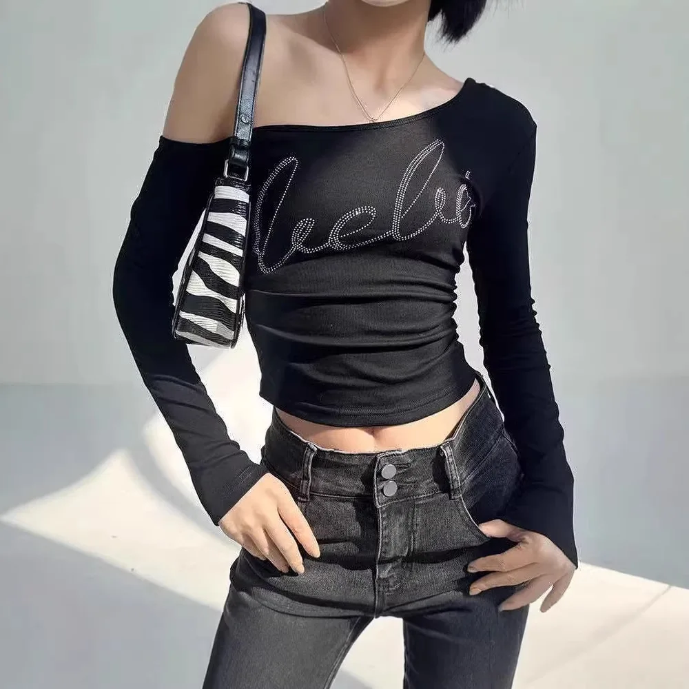 Sexy Sweet Girl Retro Letter Rhinestone Slant Collar Sexy Shoulder Bared Women's Slim Long Sleeve T-shirt Black Short Top