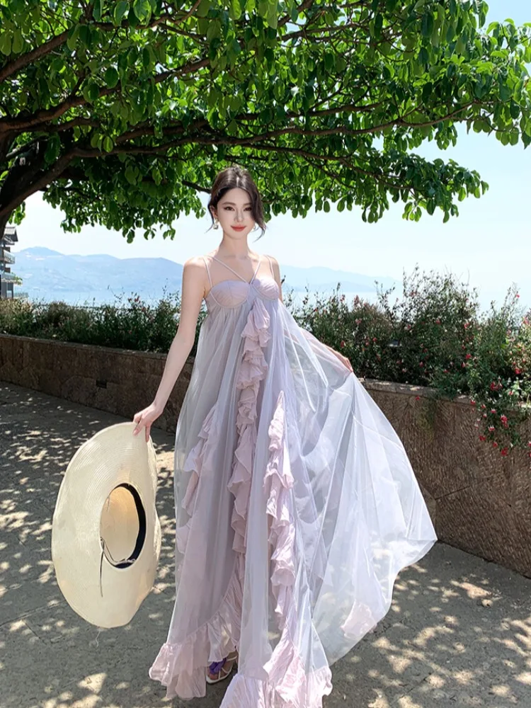 

Gorgeous Heavy Embellished Lace Trim Strap Dress Escape Princess Style Purple Fairy Skirt Summer Vacation Loose Waist Mesh Fa...