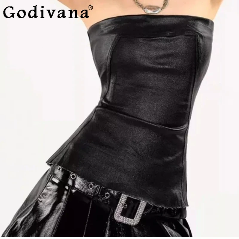 Spring Summer New American Retro Sexy Strapless Dark Slim Leather Top Fashion Versatile Personalized Black Punk Girl Zipper Tops