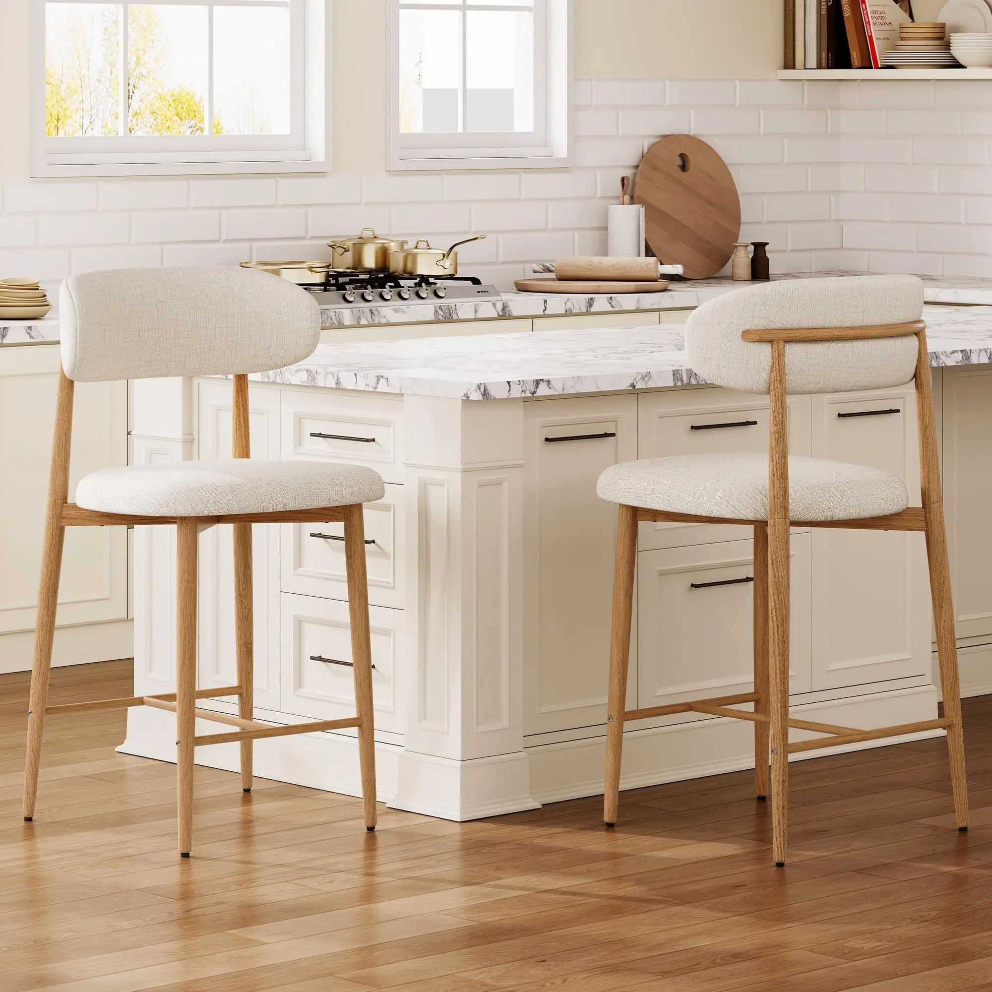 Set of 2 Beige Linen Upholstered Counter Height Bar Stools with Metal Legs for Kitchen Island Dining Room