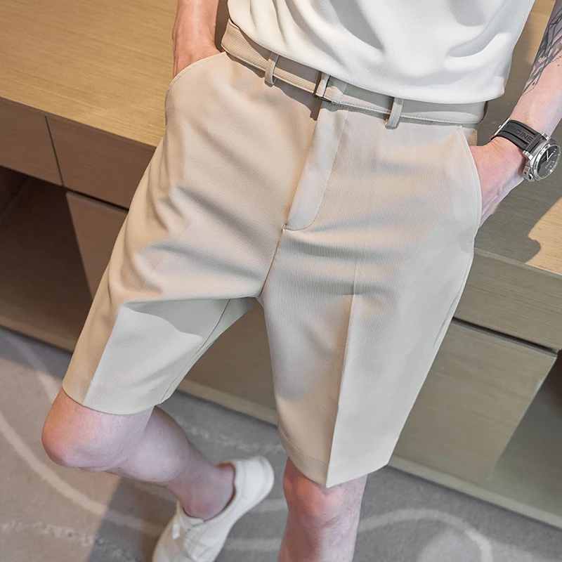 Korean Summer Business Formal Wear Shorts With Belt For Men Clothing Slim Fit Casual Straight Office Short Homme 3Colors M-4XL