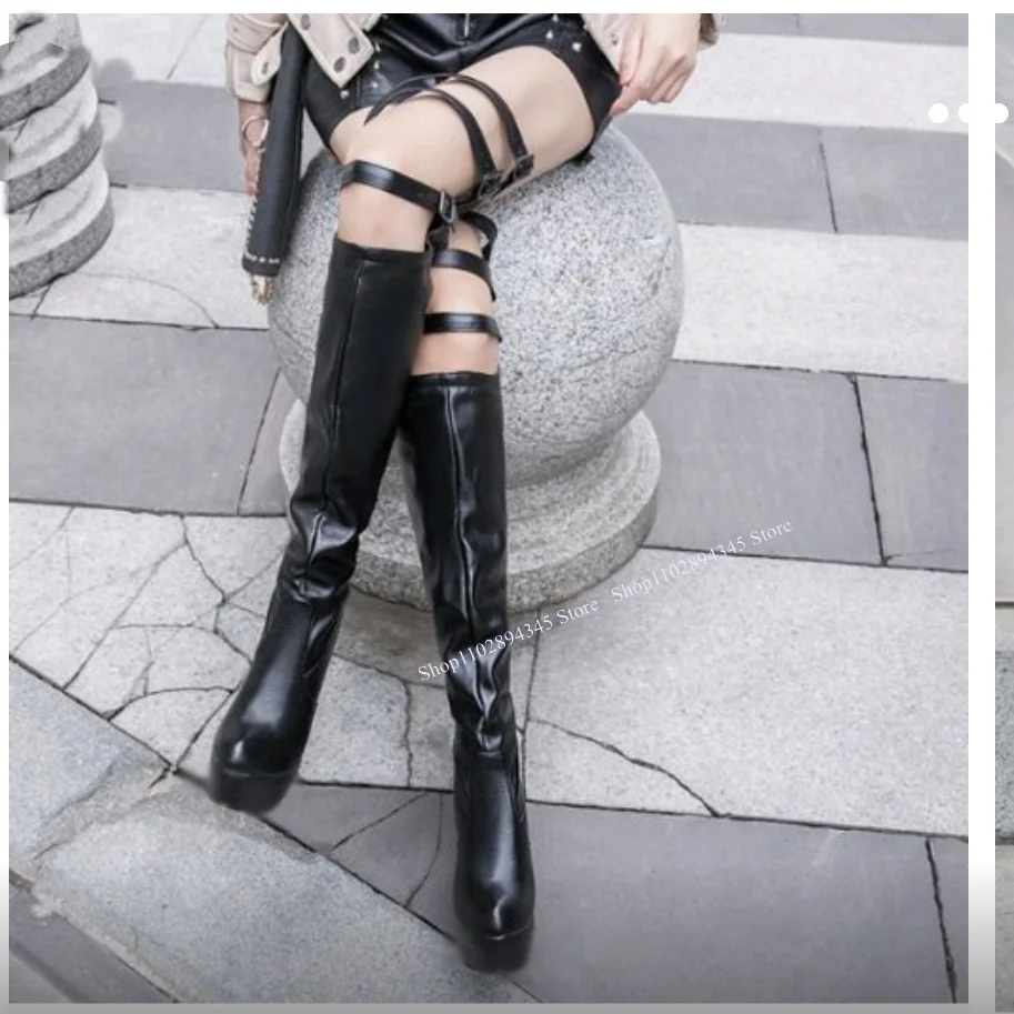 

Black Knee High Buckle Boots Platform Thin High Heel Hollow Fashionable Sexy Novel Summer 2023 Woman Shoes Zapatillas Mujer