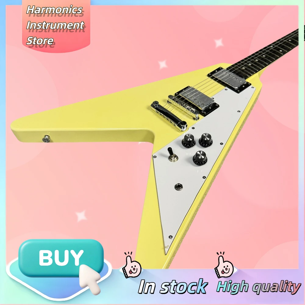 V Style Electric Guitar 6 String HH Pickups Yellow Fixed Bridge Classic Rock Pop Stage Performance Guitar Beginner