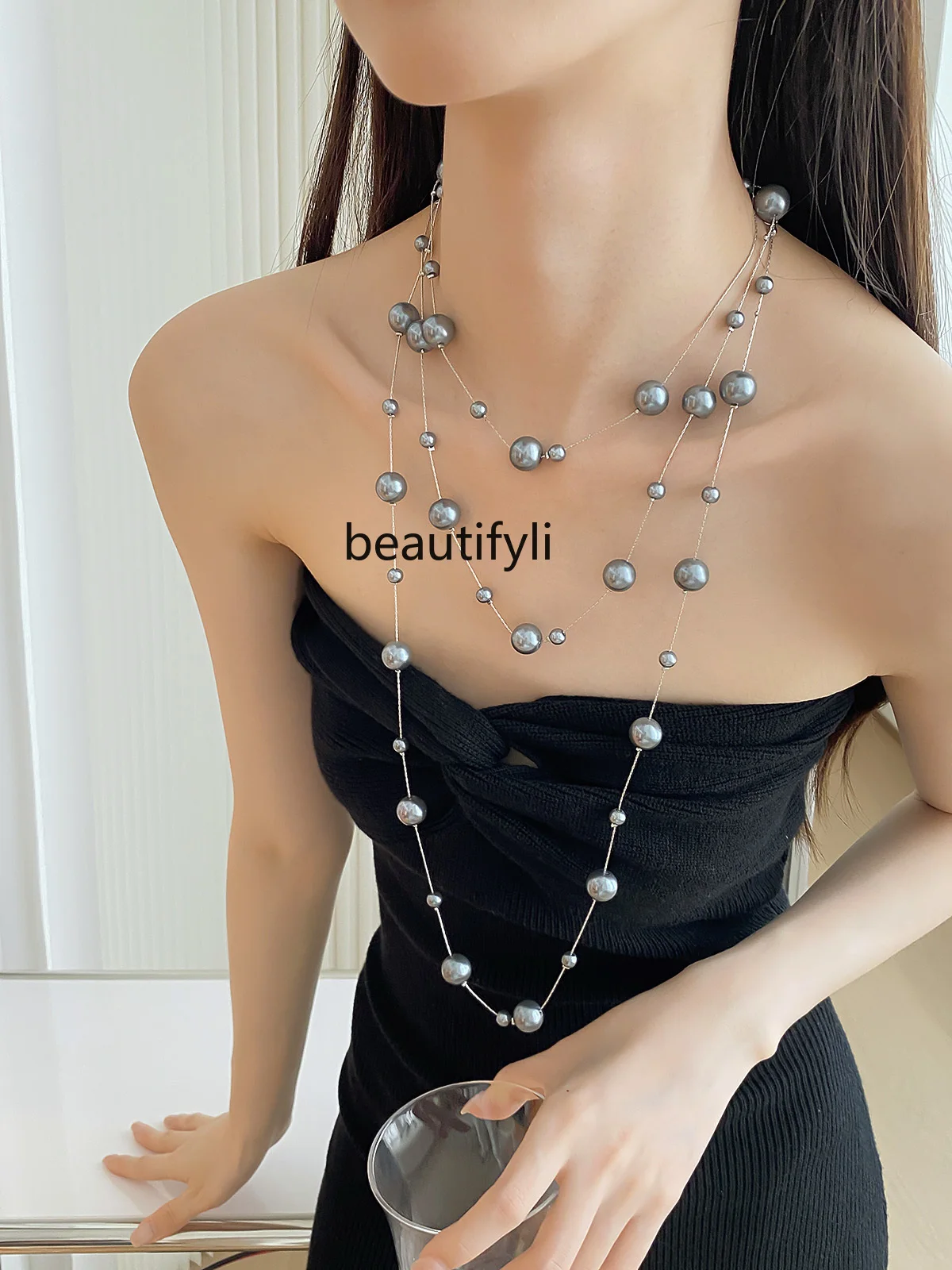 Summer Fashion High Class Elegant Pearl Starry Long Necklace Various Wearing Methods Retro Women