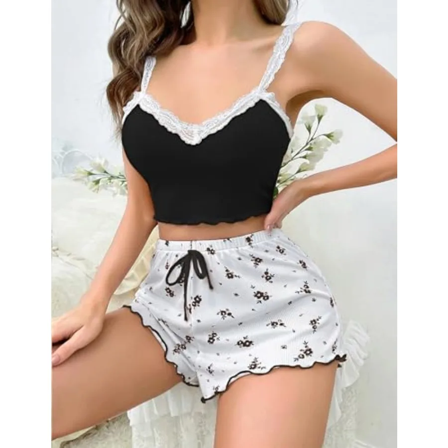 Girece Sexy Pajama Set for Women 2 Pcs lounge Set Floral Cami and Shorts Lingerie Set Cute Pjs Lace Trim Sleepwear view 4