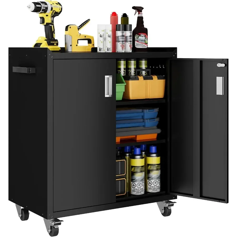 Metal Storage Cabinet with Wheels - Lockable, Rolling Tool Cabinet for Home, Office, Garage and Workshop
