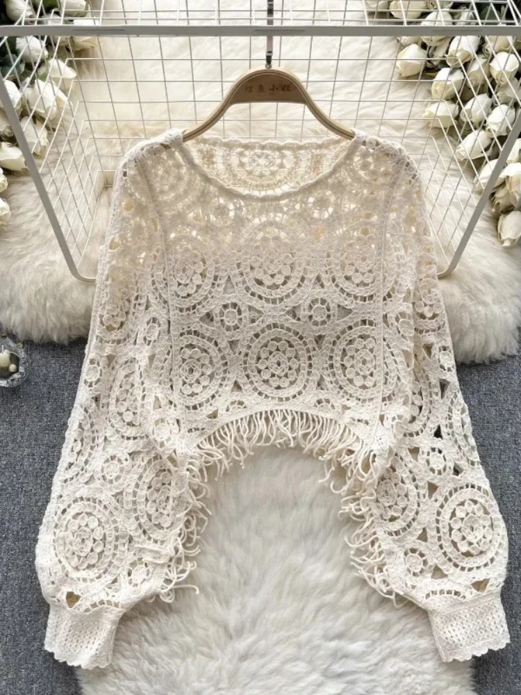 الربيع عارضة فضفاض الحياكة أعلى س الرقبة هوك زهرة جوفاء طويلة الأكمام شرابة تصميم الأزياء الفرنسية خمر بلوزة الشارع الشهير #3