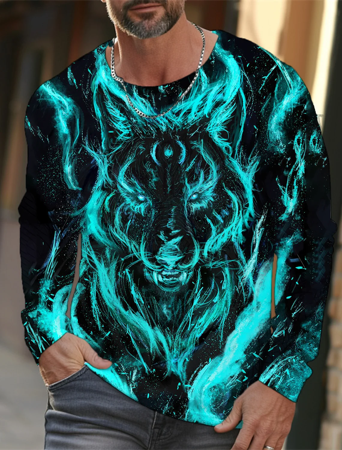 Simple Fluorescent Wolf 3D Printed Long Sleeve Men's New Style Print Men's Autumn Casual Round Neck Long Sleeve Men's Tops Tees