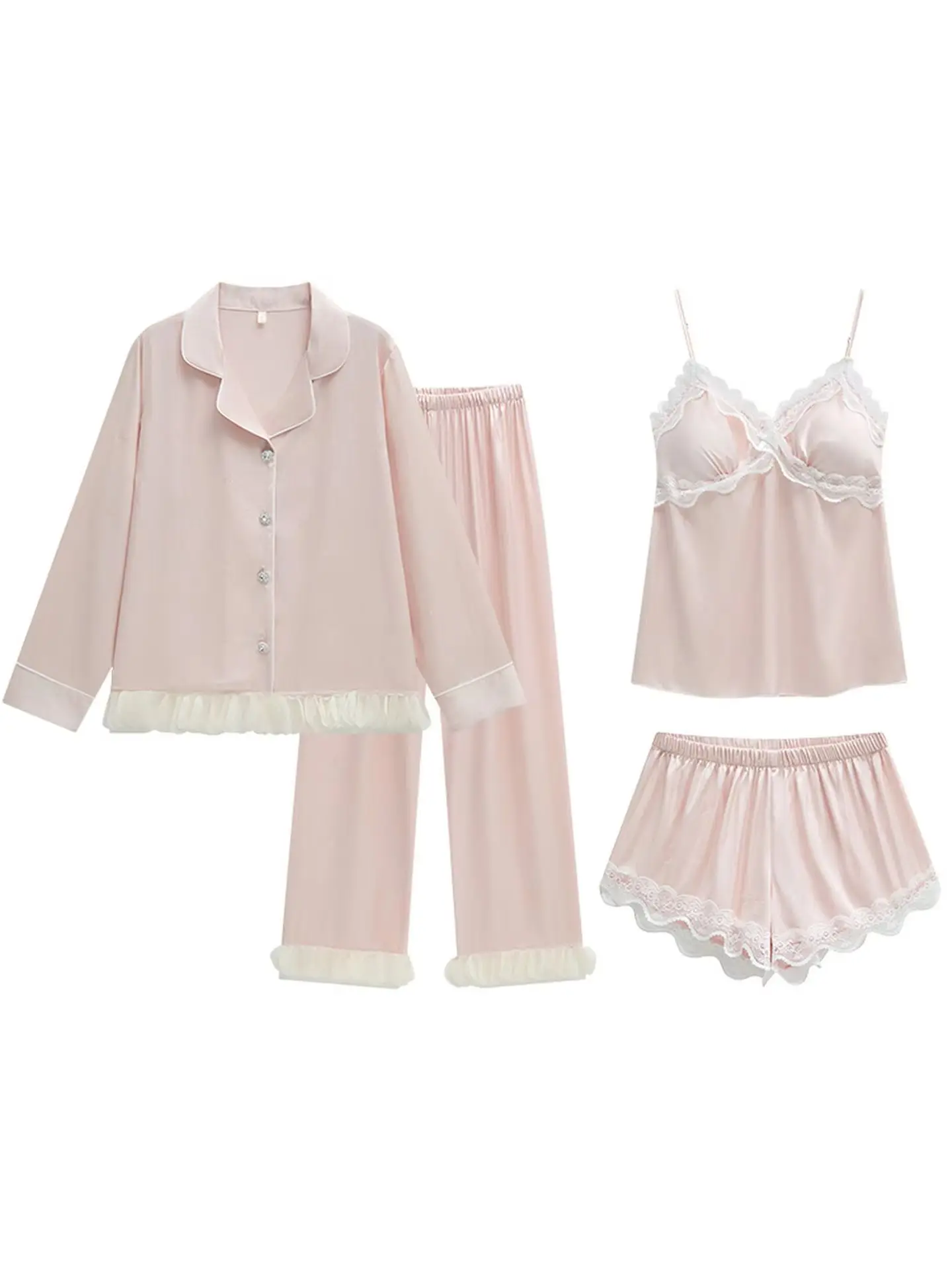 

Sexy Ice Silk Strap Shorts Pajamas Solid Color Soft Chest Mat Home Clothes Long Sleeve Set Spring/Summer New Women's Four Set