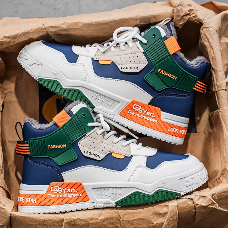 

Мужские высокие туфли для скейтбординга, зимние утолщенные плюшевые зимние ботинки, модные мужские повседневные кроссовки, уличная теплая хлопковая обувь