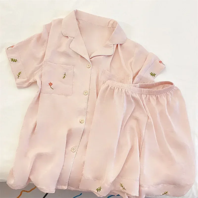 Pajamas Women's Ice Silk Short-sleeved Pajamas Suit Jacquard Plaid High-grade Home Wear Pajamas Nightwear Nightie Sleepwear