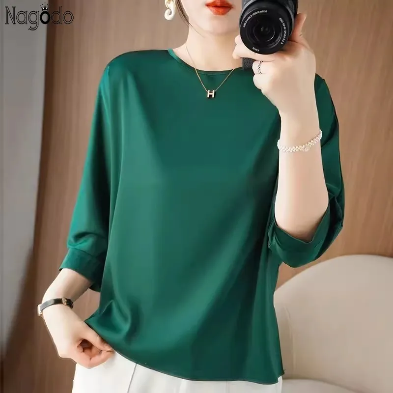 

High Quality Summer Tee Tops Women O-Neck Artificial Silk Satin Blouses Thin Smooth Batwing Simple Basic T-shirts Y2k Za 2023