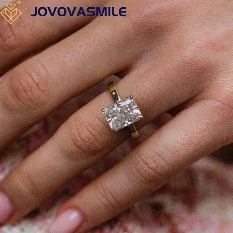 

JOVOVASMILE Original 18k Pure Gold Moissanite Ring 4 carat 8x11mm Crushed Ice Radiant Cut Au750 2mm Flat Solitaire Band Rings