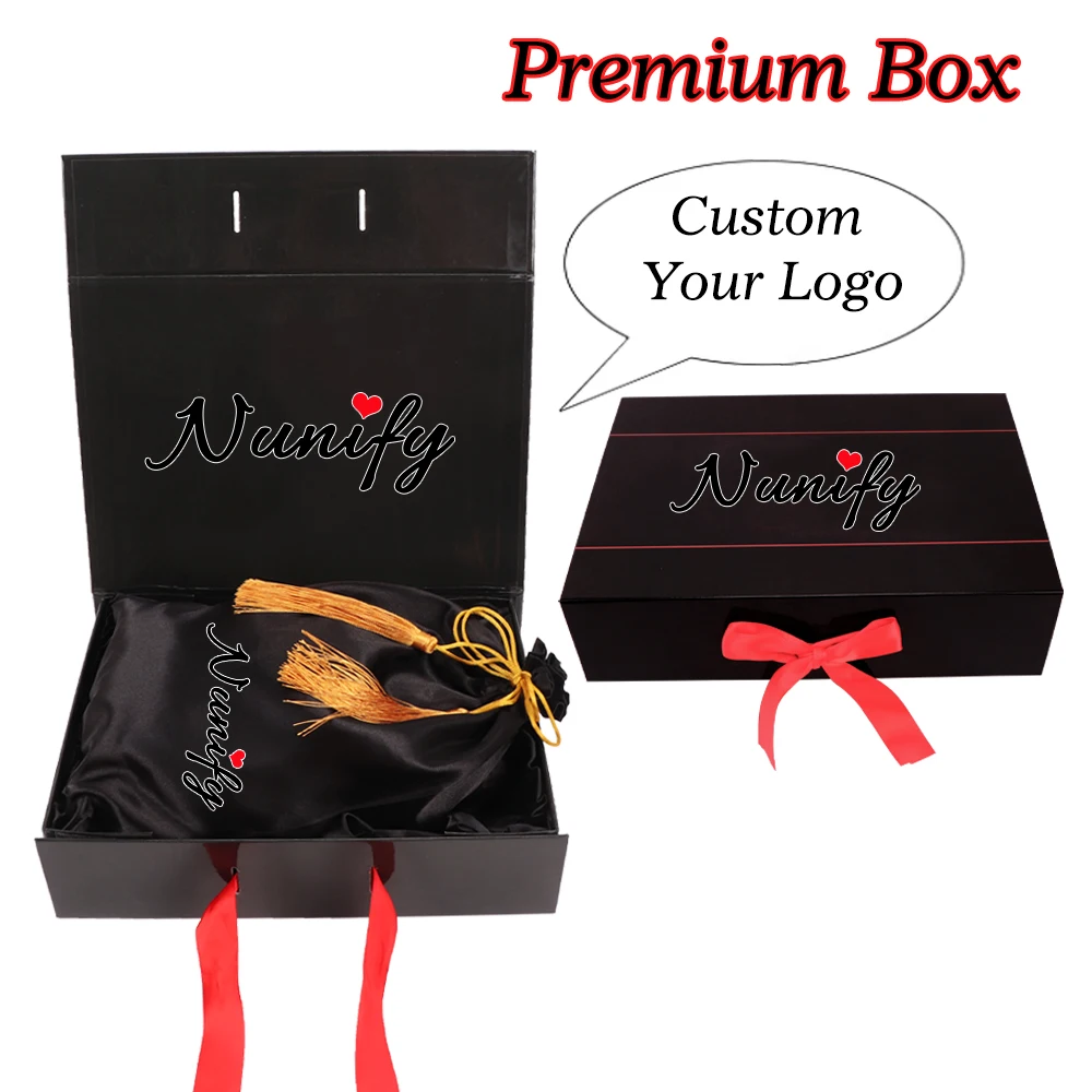 Premium Custom Wig Storage Box 29*21*7.5cm Foldable Satin Lined Gift Box Double Sided Print Box with Bow Ribbon for Luxury Wig