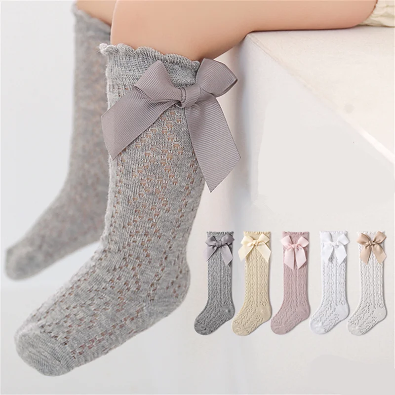 

1 Pair Baby Girls Socks Toddler Bow Long Sock Kids Knee High Soft Cotton Mesh Stocking Spanish Style Hollow Out Lace Socks 0-3Y