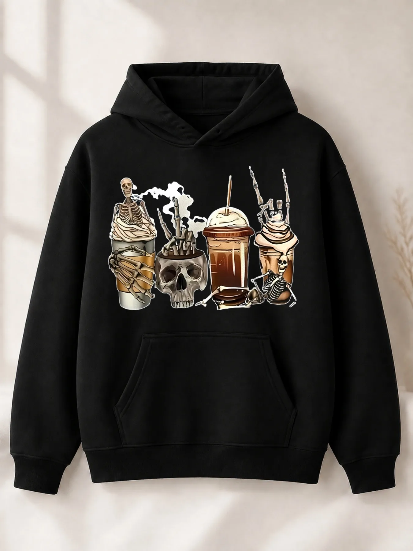 Gothic Horror Style Men's Hoodie with Skull and Skeleton Coffee Cup Design, Halloween Autumn/Winter Gift for Boyfriend or Horror Enthusiasts