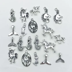 Mix 20pcs/Set Zinc Alloy Antique Silvery Mermaids and Unicorns Shaped Charms for DIY Necklace Bracelet Earrings Jewelry Making