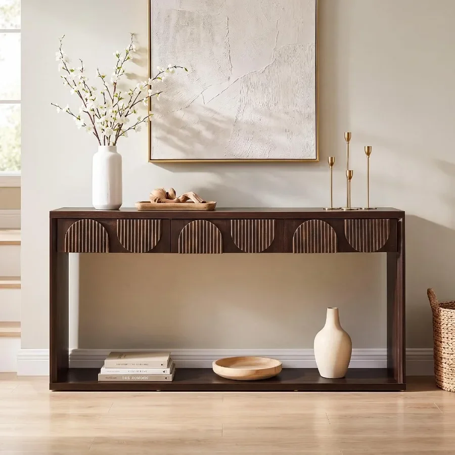 63 Inch Fluted Console Table with 3 Drawers and Open Shelf