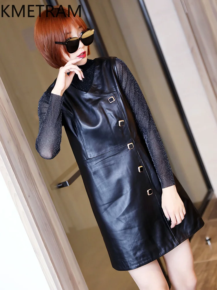 100% Top Layer Sheepskin Dress Woman Black V-neck Real Leather Sleeveless Dresses New in Outerwears Autumn Clothes 2025 Women