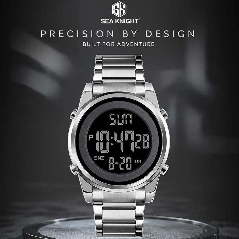 SEA KNIGHT Fashion Men Electronic Watch Stainless Steel Strap Outdoor Sports Watch LED Luminous Digital Waterproof Male's Watch