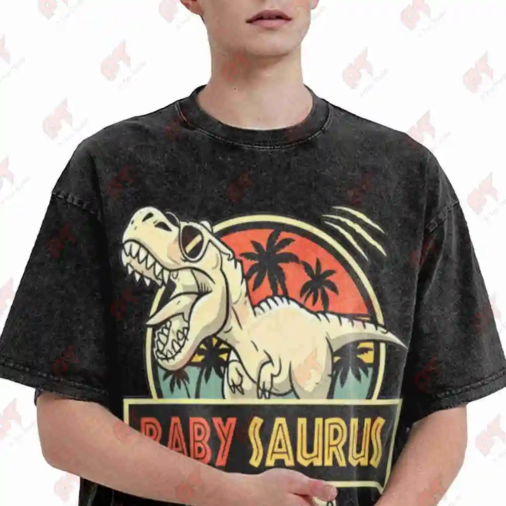 Baby Saurus T Rex Dinosaur Family Matching Vintage Washed Tee Pure Cotton T-Shirt