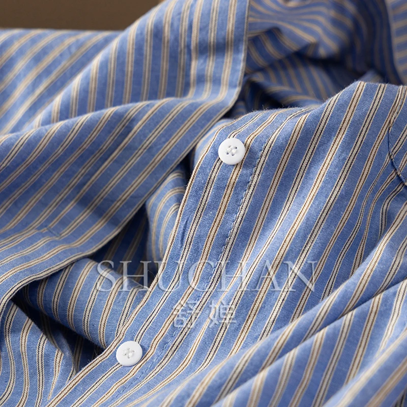 High-quality Cabinet 60 Cotton Striped Short-sleeved Shirt Women's 9W83  Blusas Mujer De Moda 2025 Verano