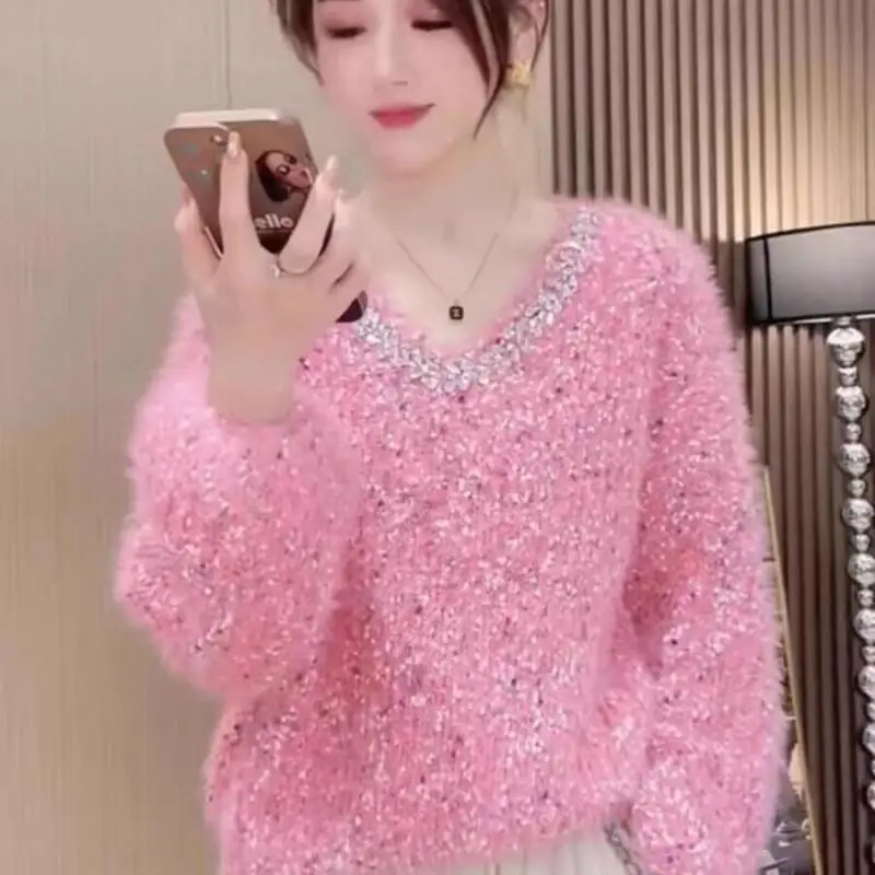 

Young Girl V-Neck Sweater Woman Fashion Sweet Diamond Long Sleeves Knitted Shirt Spring Autumn Clothes Wear Outside Girl's Gift